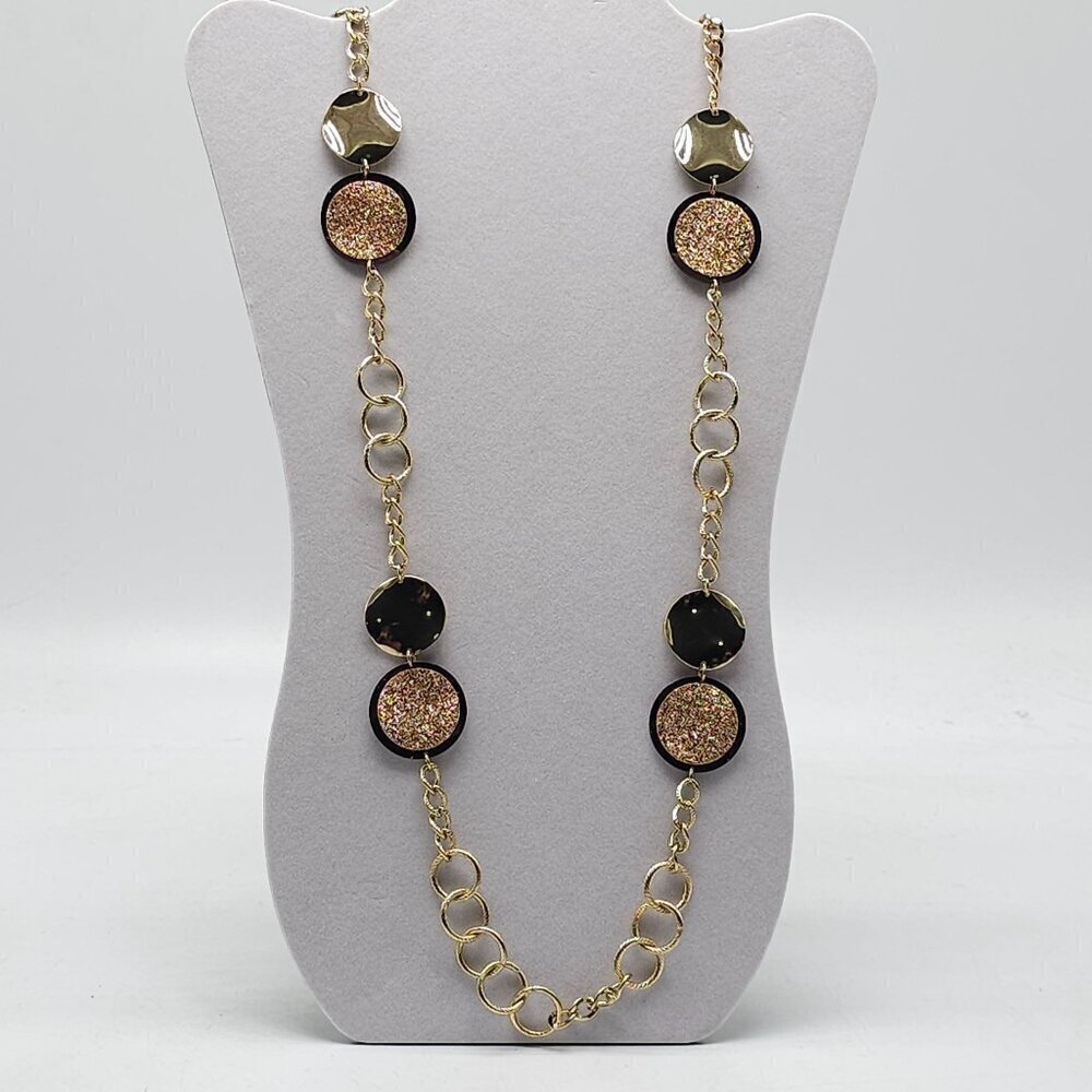 Gold Tone Long Chain Necklace With Glitter Accents Circle Links Vintage